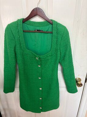 Zara Textured Tweed Mini Dress with Jewel Buttons – Size Small (Like New)